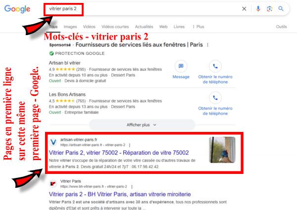 Une de mes preuves - référencement - vitrier Paris 2.